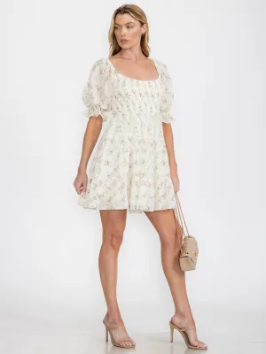 WOMEN'S SHORT PUFF SLEEVE SMOCK FLORAL MINI DRESS
