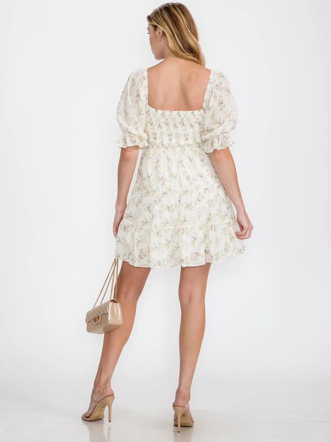 WOMEN'S SHORT PUFF SLEEVE SMOCK FLORAL MINI DRESS