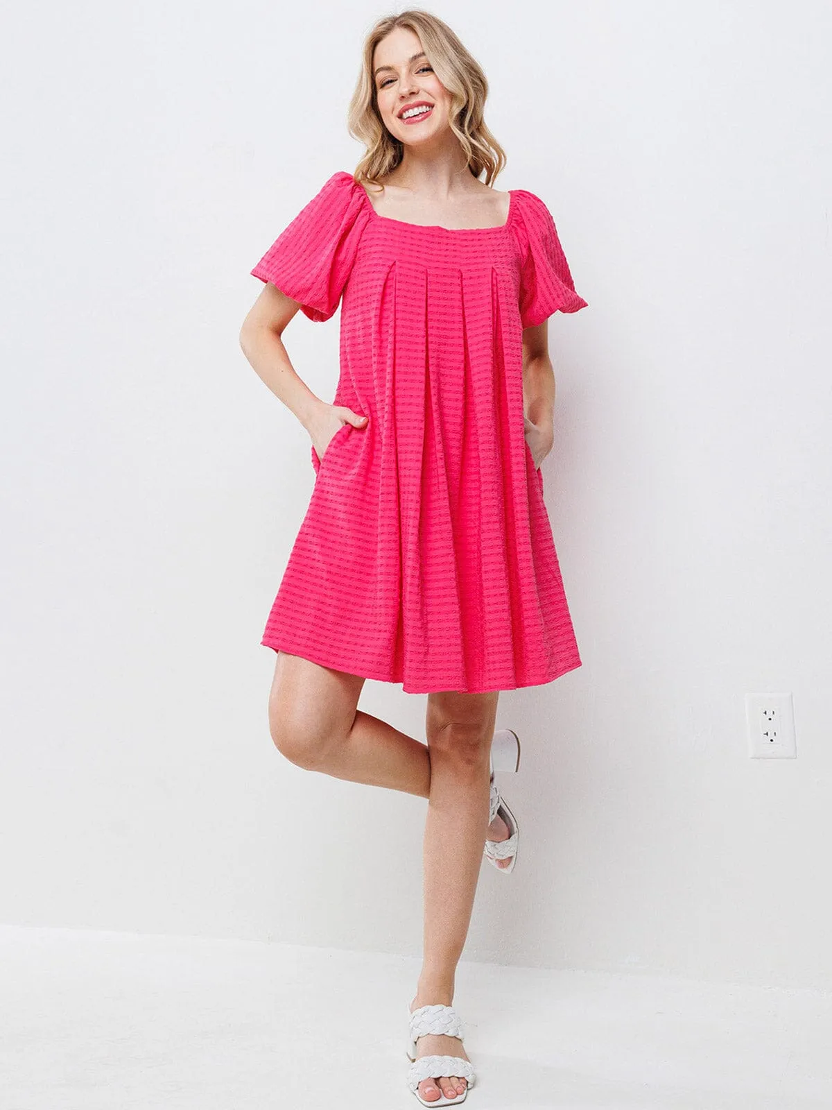 WOMEN'S SHORT PUFF SLEEVES  DETAILED TIERED TUNIC MINI DRESS
