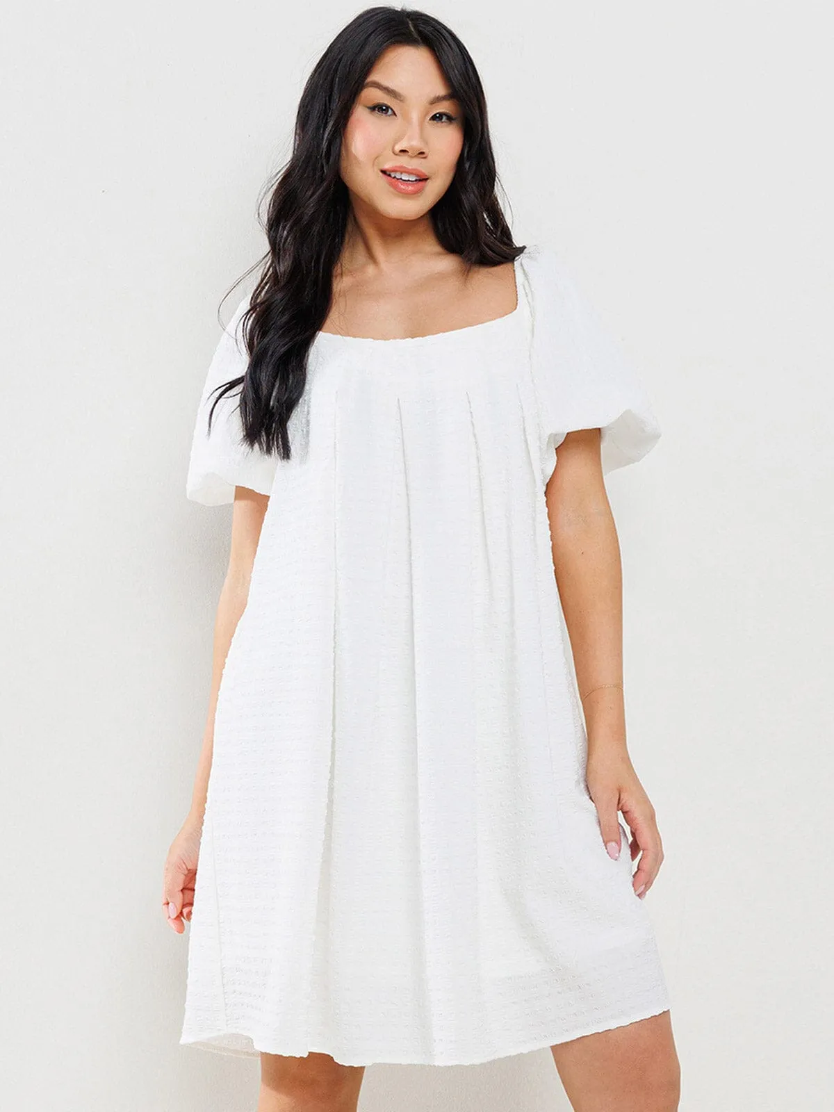 WOMEN'S SHORT PUFF SLEEVES  DETAILED TIERED TUNIC MINI DRESS