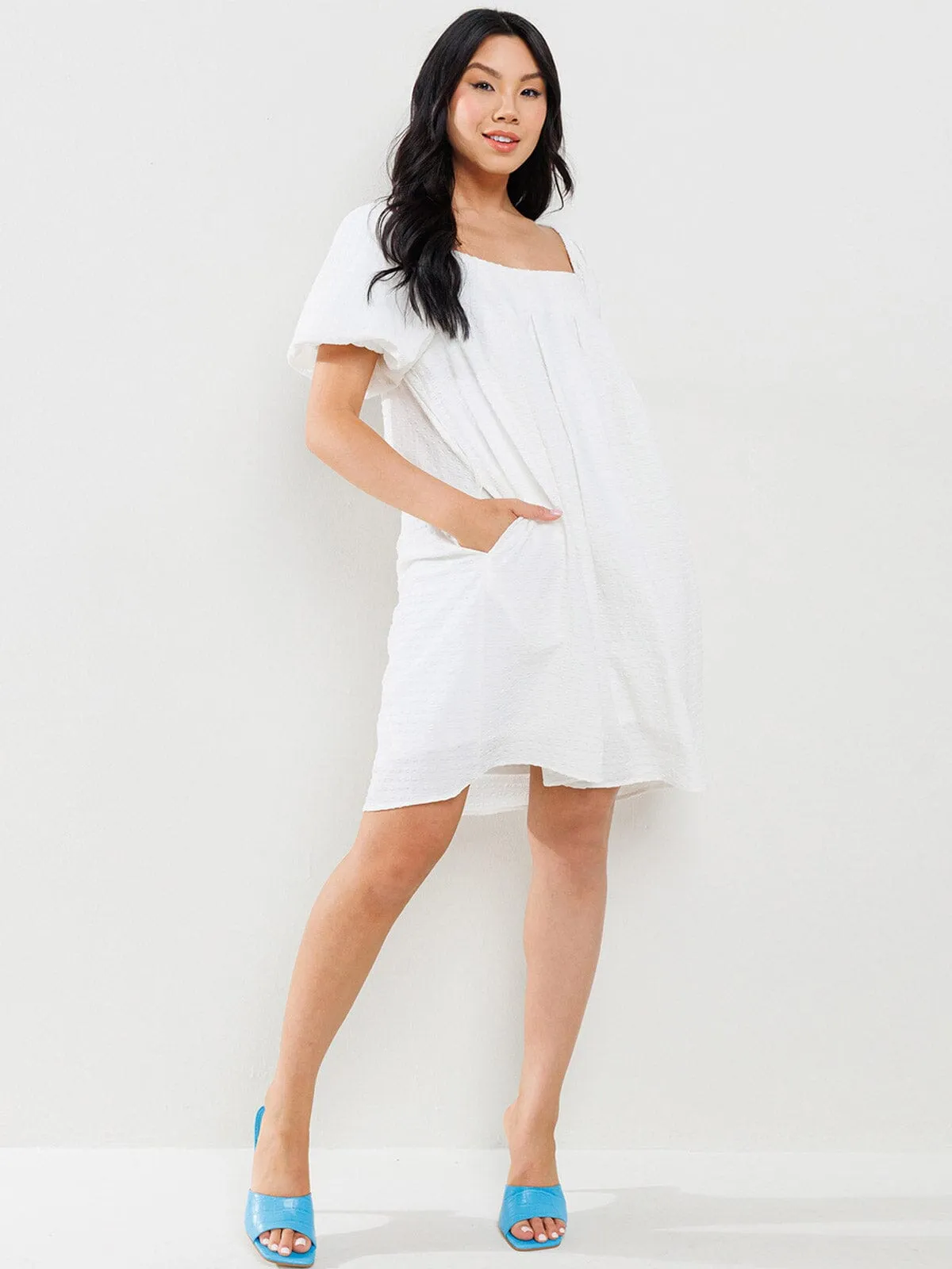 WOMEN'S SHORT PUFF SLEEVES  DETAILED TIERED TUNIC MINI DRESS