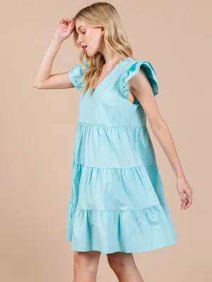 WOMEN'S SHORT RUFFLE SLEEVE TIERED V-NECK POCKETS TUNIC MINI DRESS