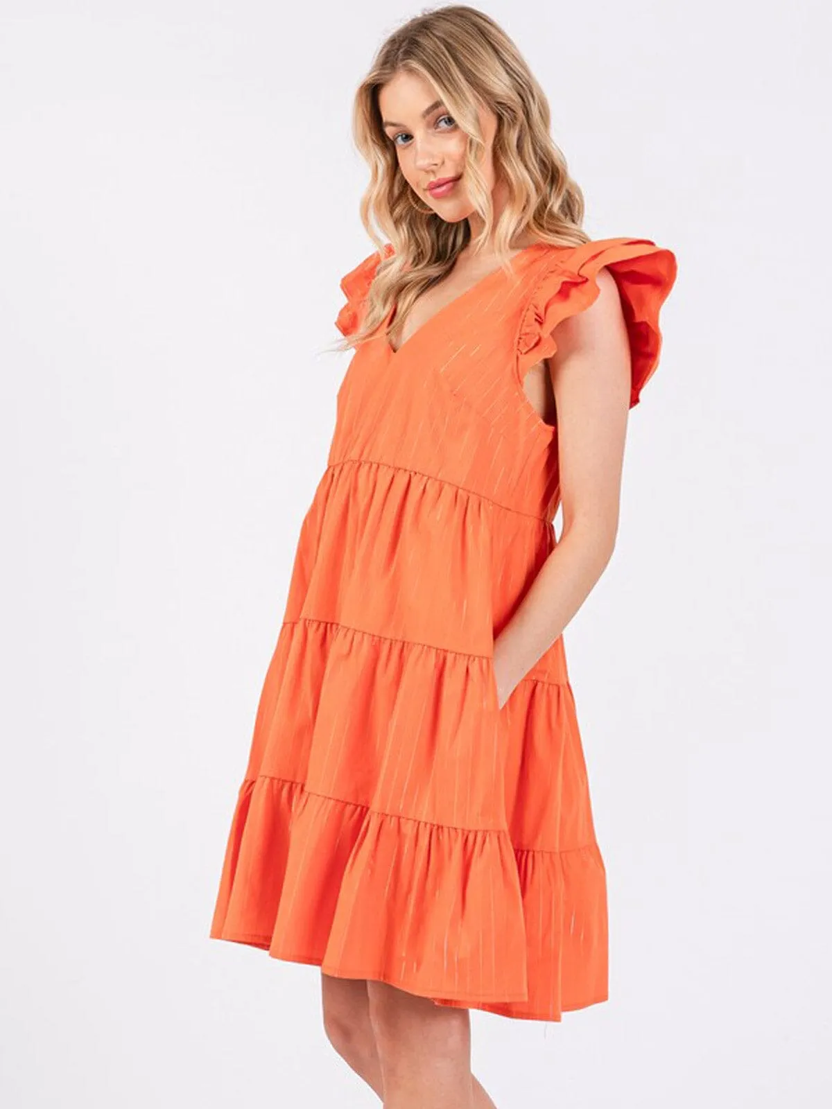 WOMEN'S SHORT RUFFLE SLEEVE TIERED V-NECK POCKETS TUNIC MINI DRESS