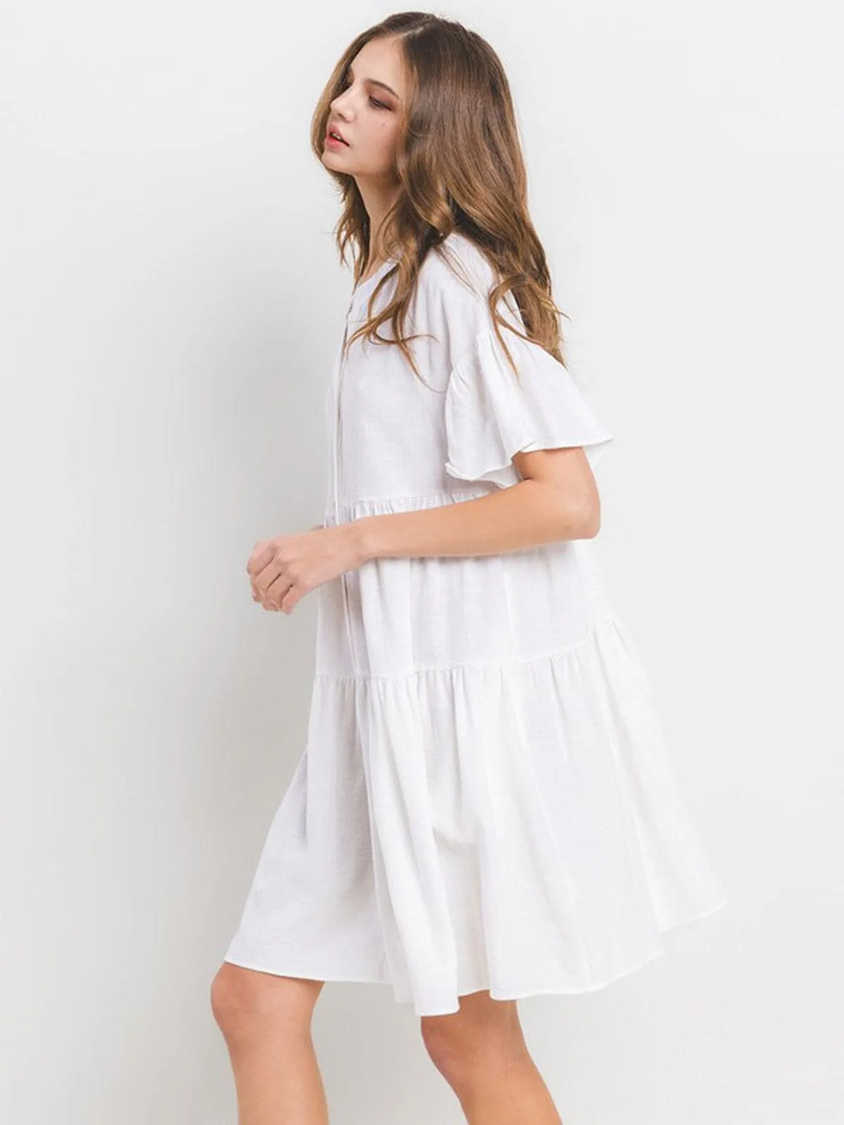 WOMEN'S SHORT SLEEVE BUTTON UP TIERED POCKETS TUNIC MINI DRESS