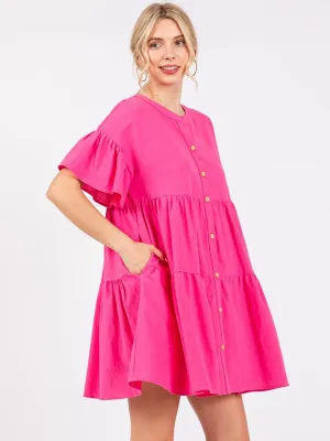 WOMEN'S SHORT SLEEVE BUTTON UP TIERED POCKETS TUNIC MINI DRESS