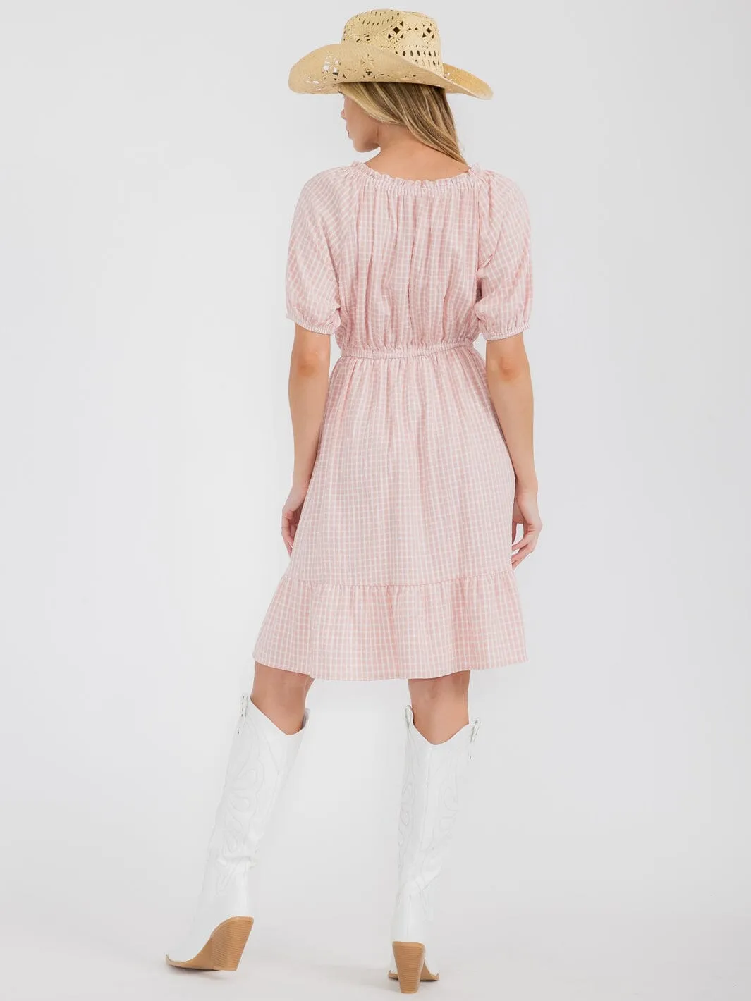 WOMEN'S SHORT SLEEVE ELASTIC WAIST POCKETS PLAID MINI DRESS