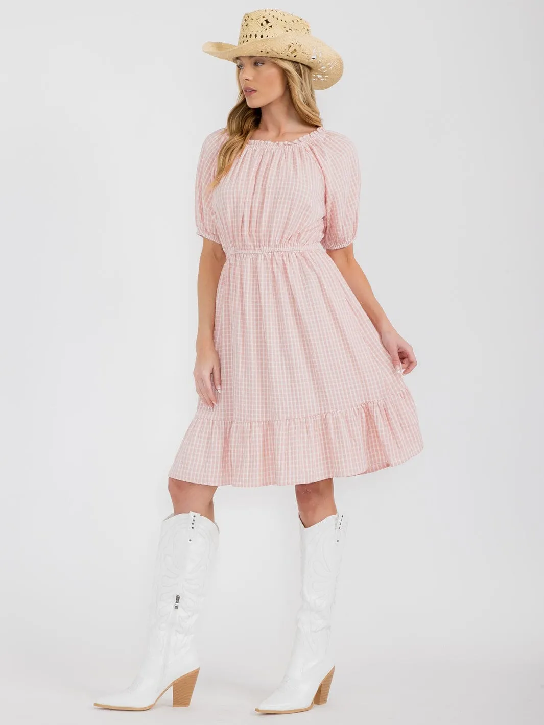 WOMEN'S SHORT SLEEVE ELASTIC WAIST POCKETS PLAID MINI DRESS