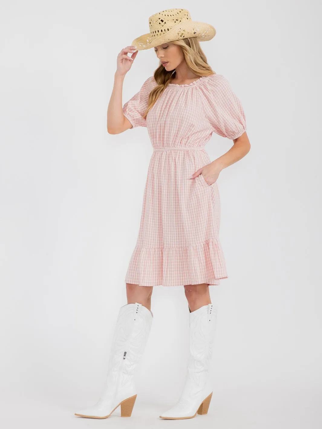 WOMEN'S SHORT SLEEVE ELASTIC WAIST POCKETS PLAID MINI DRESS