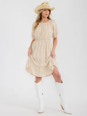 WOMEN'S SHORT SLEEVE ELASTIC WAIST POCKETS PLAID MINI DRESS