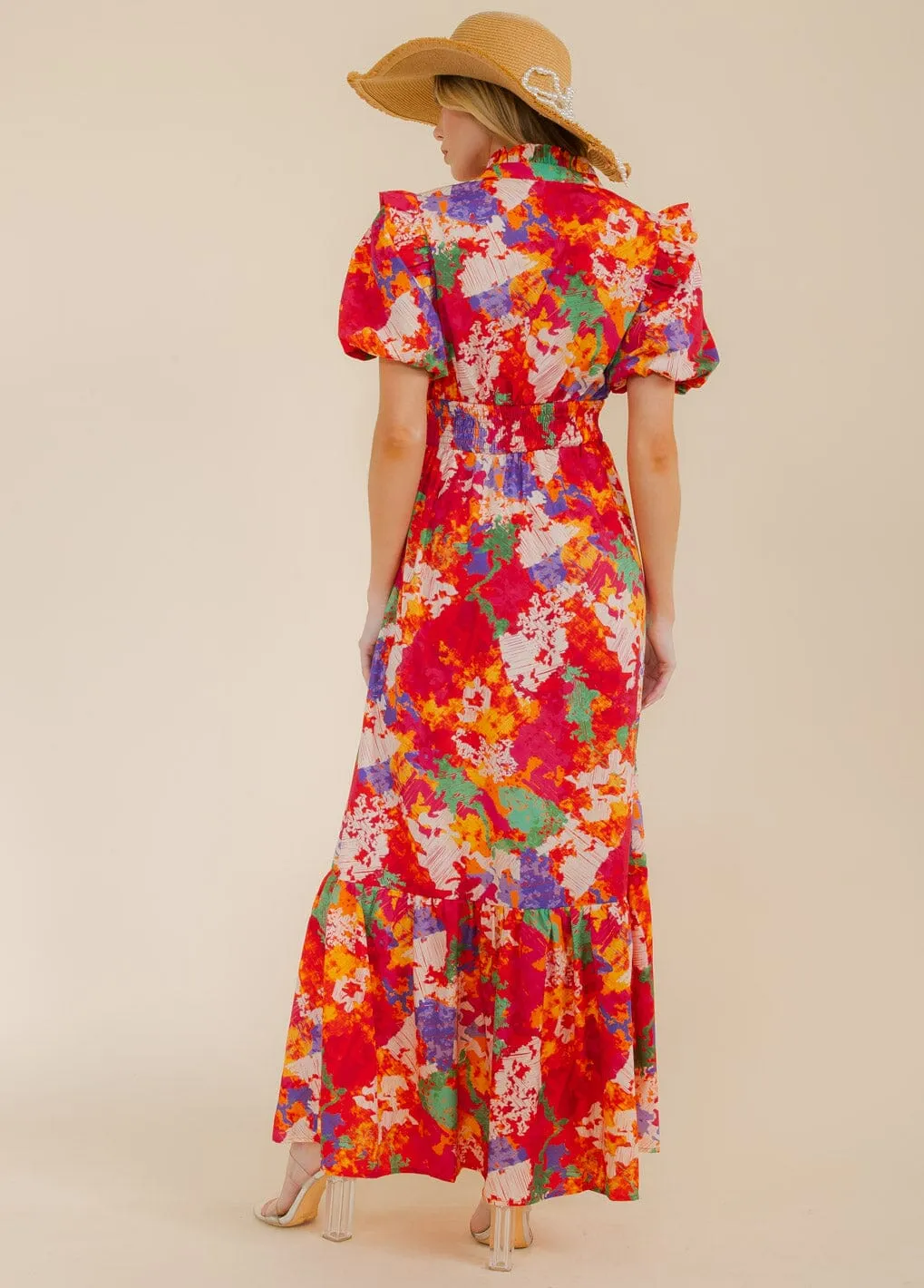 WOMEN'S SHORT SLEEVE MOCK NECK TIERED COLORBLOCK MAXI DRESS