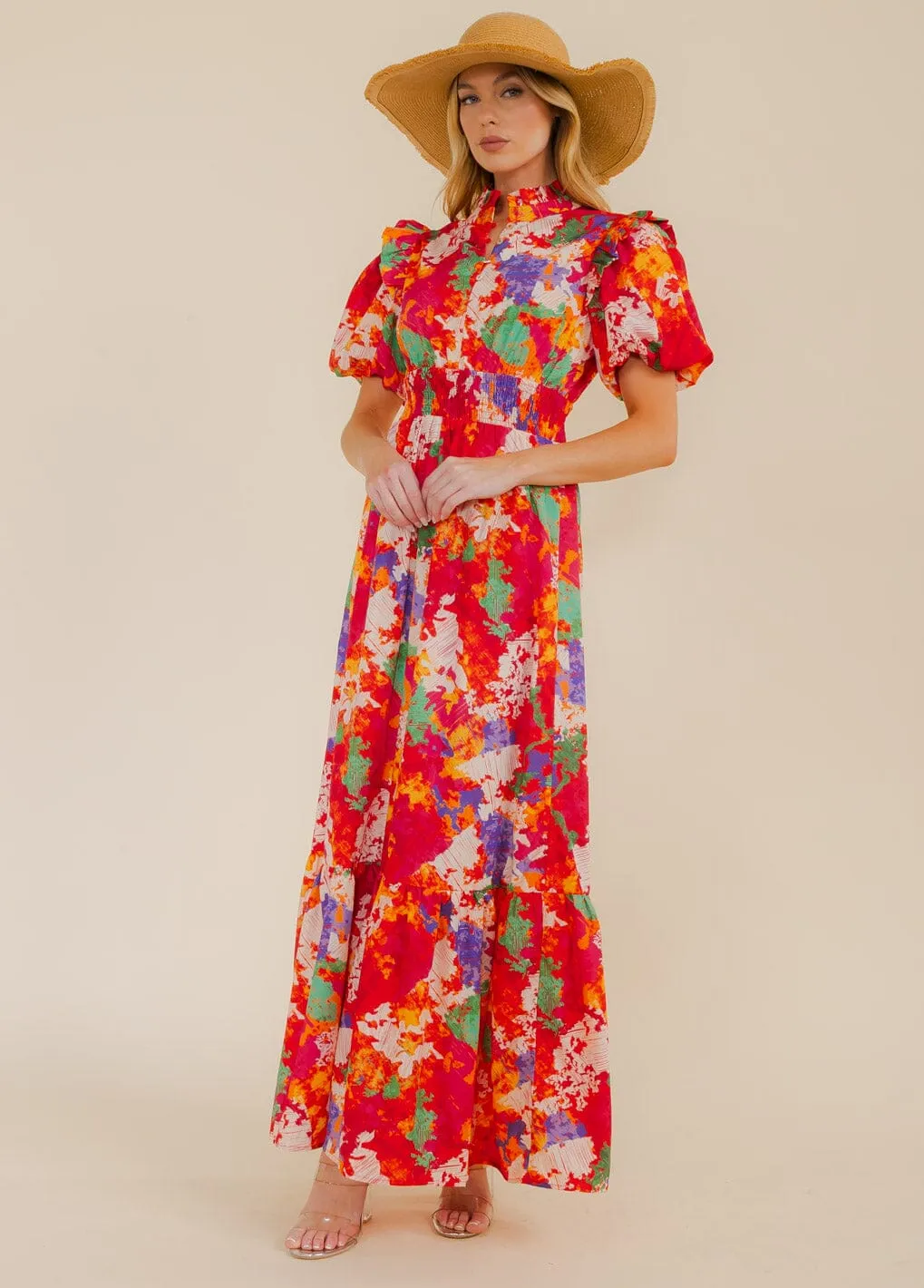 WOMEN'S SHORT SLEEVE MOCK NECK TIERED COLORBLOCK MAXI DRESS