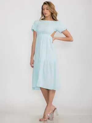 WOMEN'S SHORT SLEEVE OPEN BACK TIERED MIDI DRESS