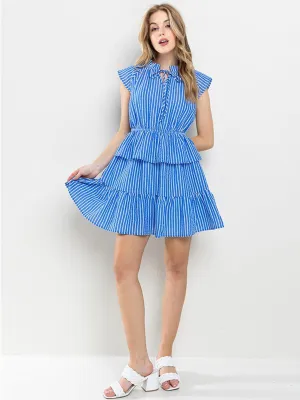 WOMEN'S SHORT SLEEVE RUFFLE TIERED STRIPES MINI DRESS