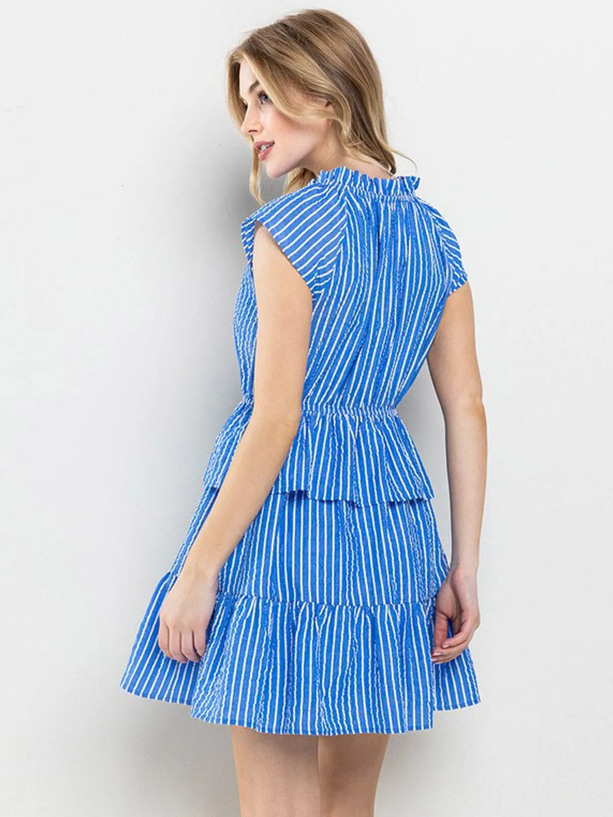 WOMEN'S SHORT SLEEVE RUFFLE TIERED STRIPES MINI DRESS