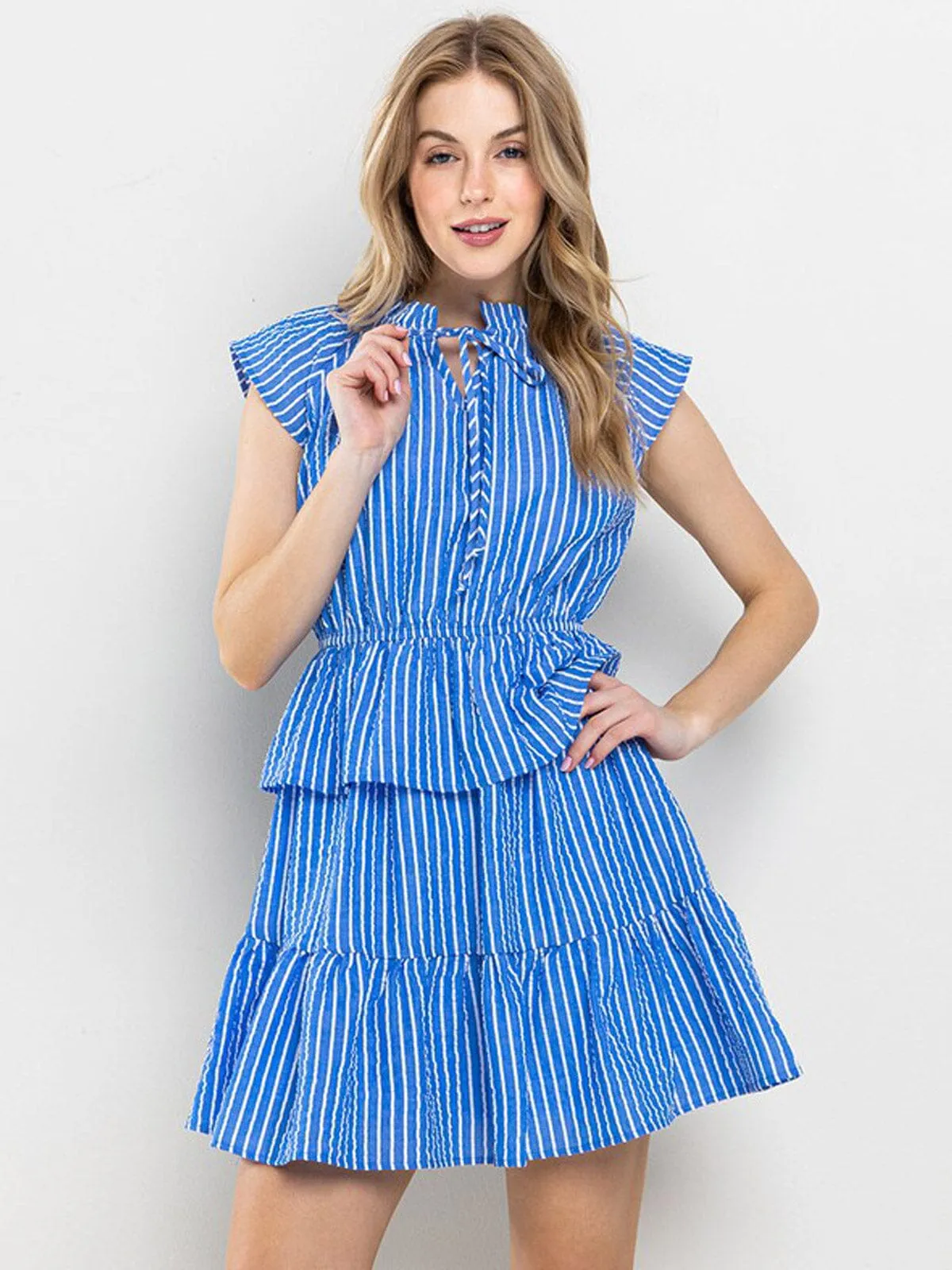 WOMEN'S SHORT SLEEVE RUFFLE TIERED STRIPES MINI DRESS