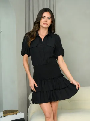 WOMEN'S SHORT SLEEVE SMOCK BUTTON UP MINI DRESS