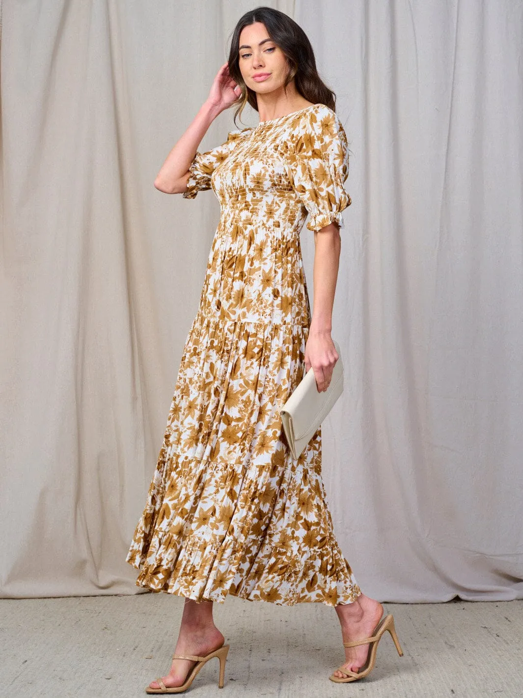 WOMEN'S SHORT SLEEVE SMOCK TIERED FLORAL MAXI DRESS