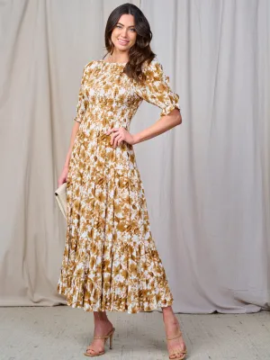 WOMEN'S SHORT SLEEVE SMOCK TIERED FLORAL MAXI DRESS
