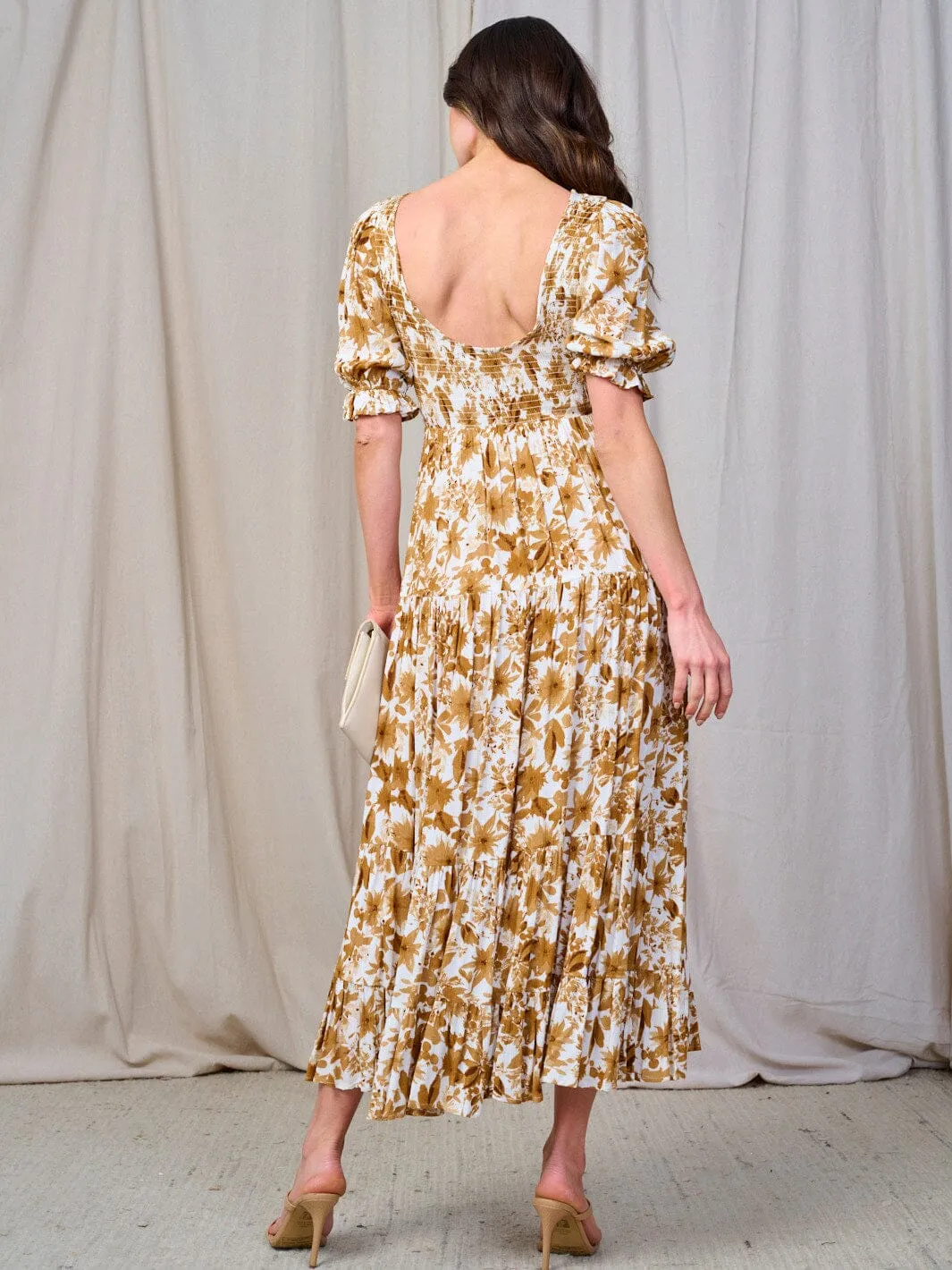 WOMEN'S SHORT SLEEVE SMOCK TIERED FLORAL MAXI DRESS