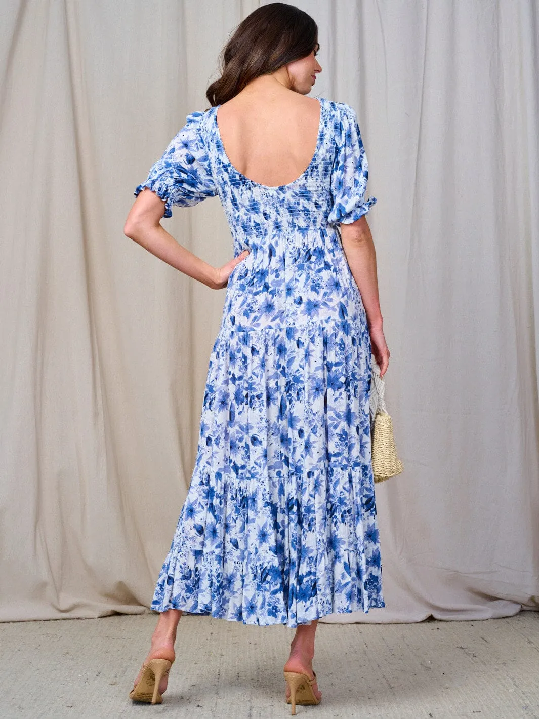 WOMEN'S SHORT SLEEVE SMOCK TIERED FLORAL MAXI DRESS