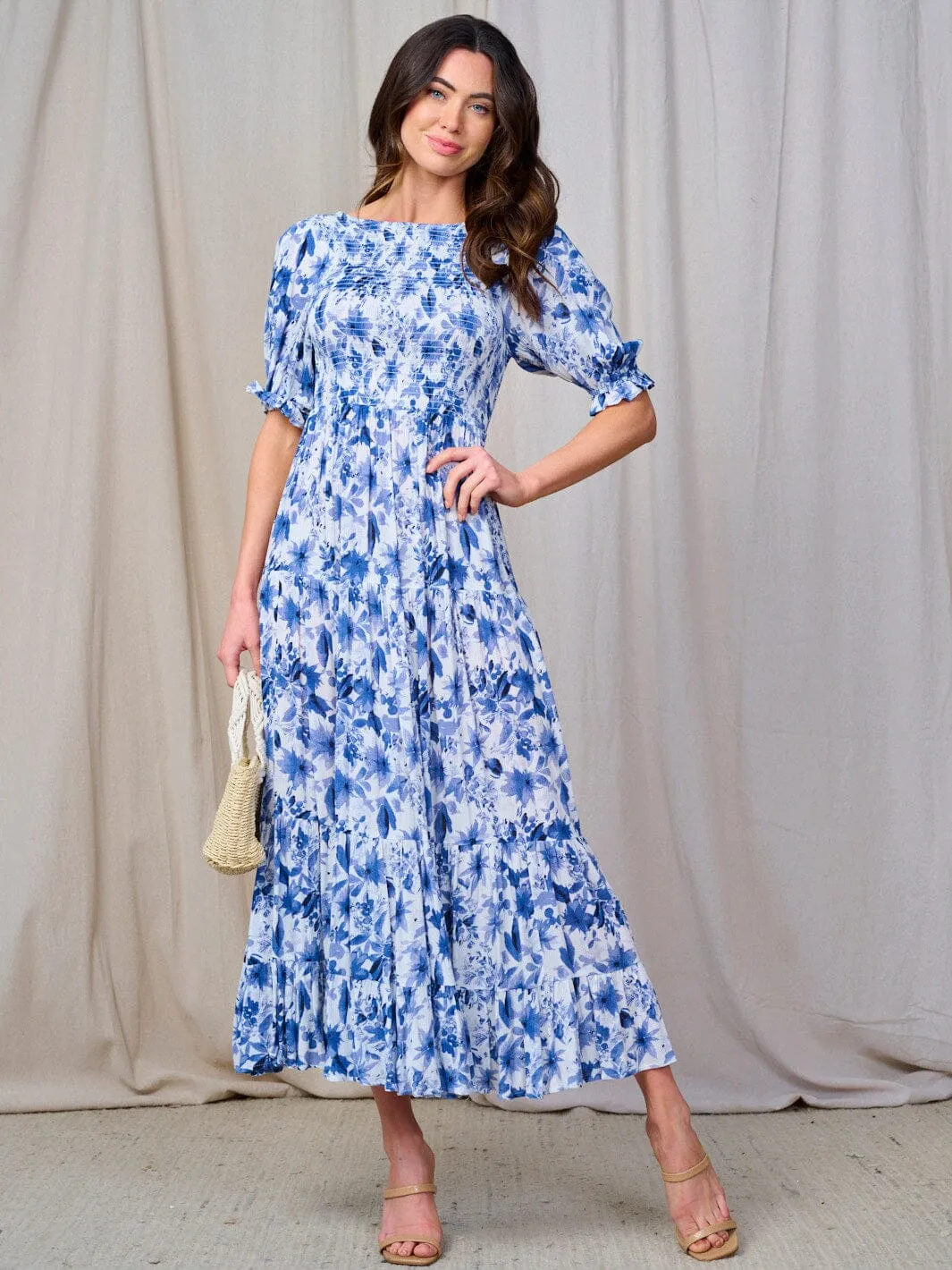 WOMEN'S SHORT SLEEVE SMOCK TIERED FLORAL MAXI DRESS