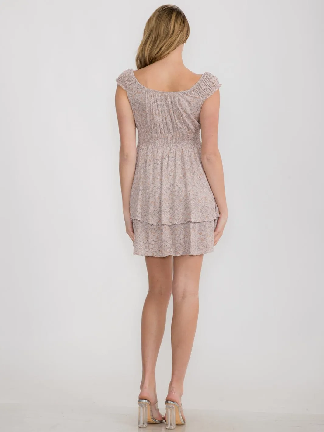 WOMEN'S SHORT SLEEVE SMOCK WAIST TIERED FLORAL MINI DRESS