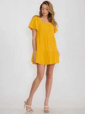WOMEN'S SHORT SLEEVE SQUARE NECK TIERED TUNIC MINI DRESS
