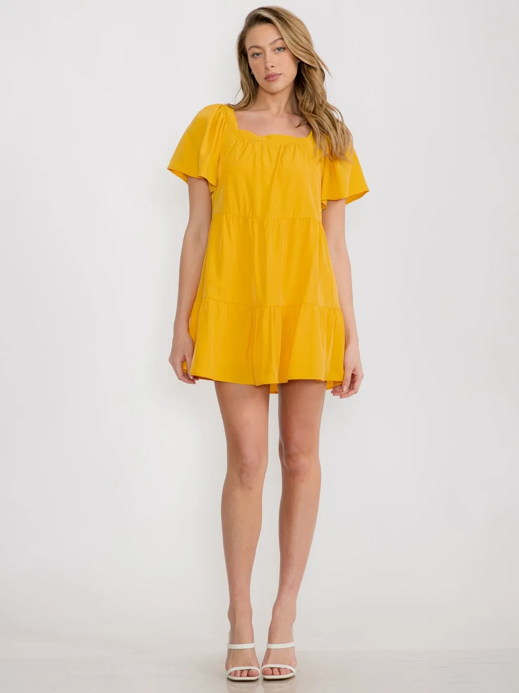 WOMEN'S SHORT SLEEVE SQUARE NECK TIERED TUNIC MINI DRESS