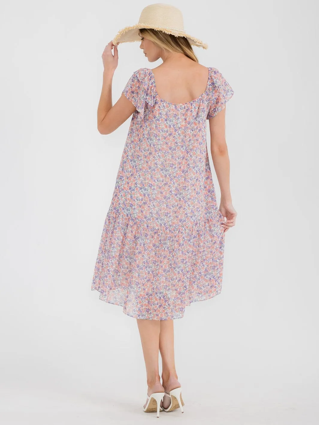 WOMEN'S SHORT SLEEVE SQUARE NECK TUNIC FLORAL MIDI DRESS