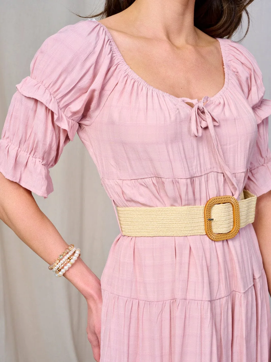 WOMEN'S SHORT SLEEVE TIERED BELTED MIDI DRESS