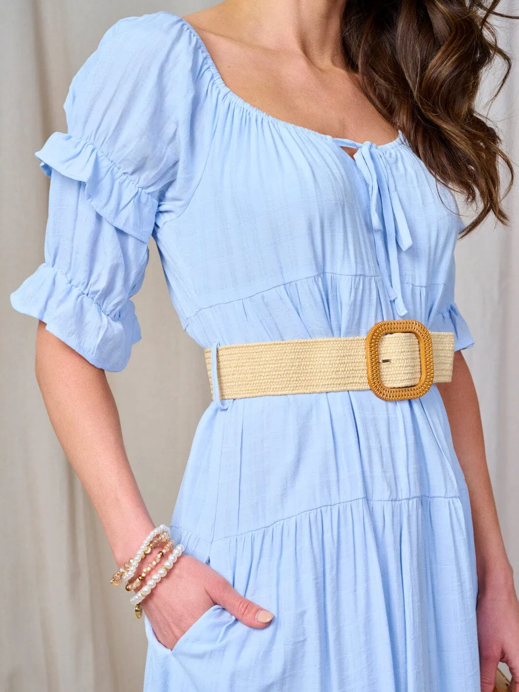 WOMEN'S SHORT SLEEVE TIERED BELTED MIDI DRESS