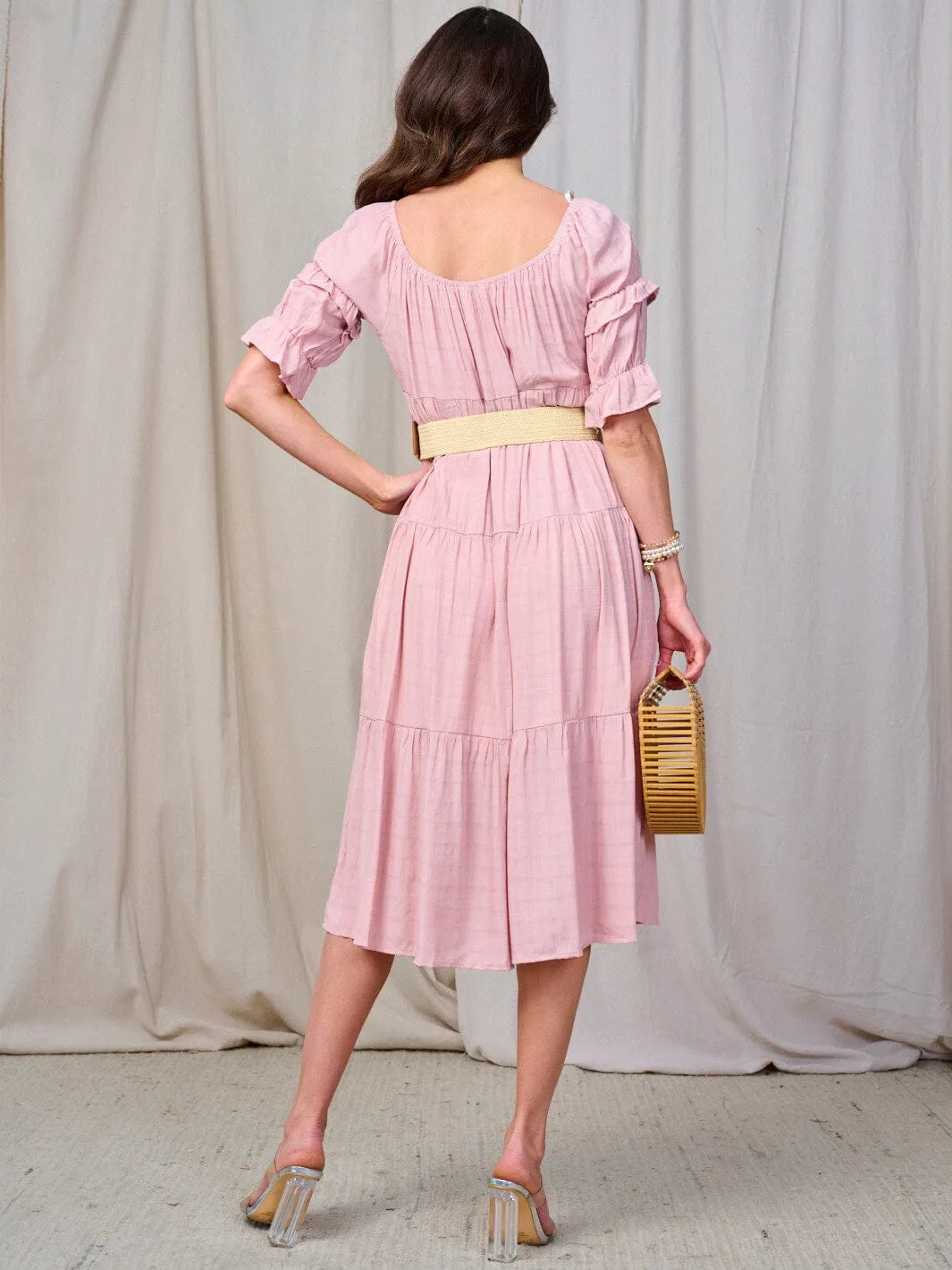 WOMEN'S SHORT SLEEVE TIERED BELTED MIDI DRESS