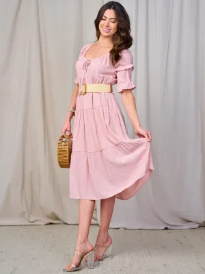 WOMEN'S SHORT SLEEVE TIERED BELTED MIDI DRESS