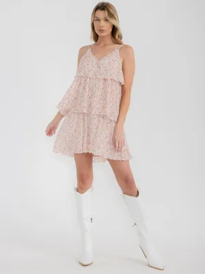 WOMEN'S SLEEVELESS BUTTON UP RUFFLE FLORAL TIERED MINI DRESS