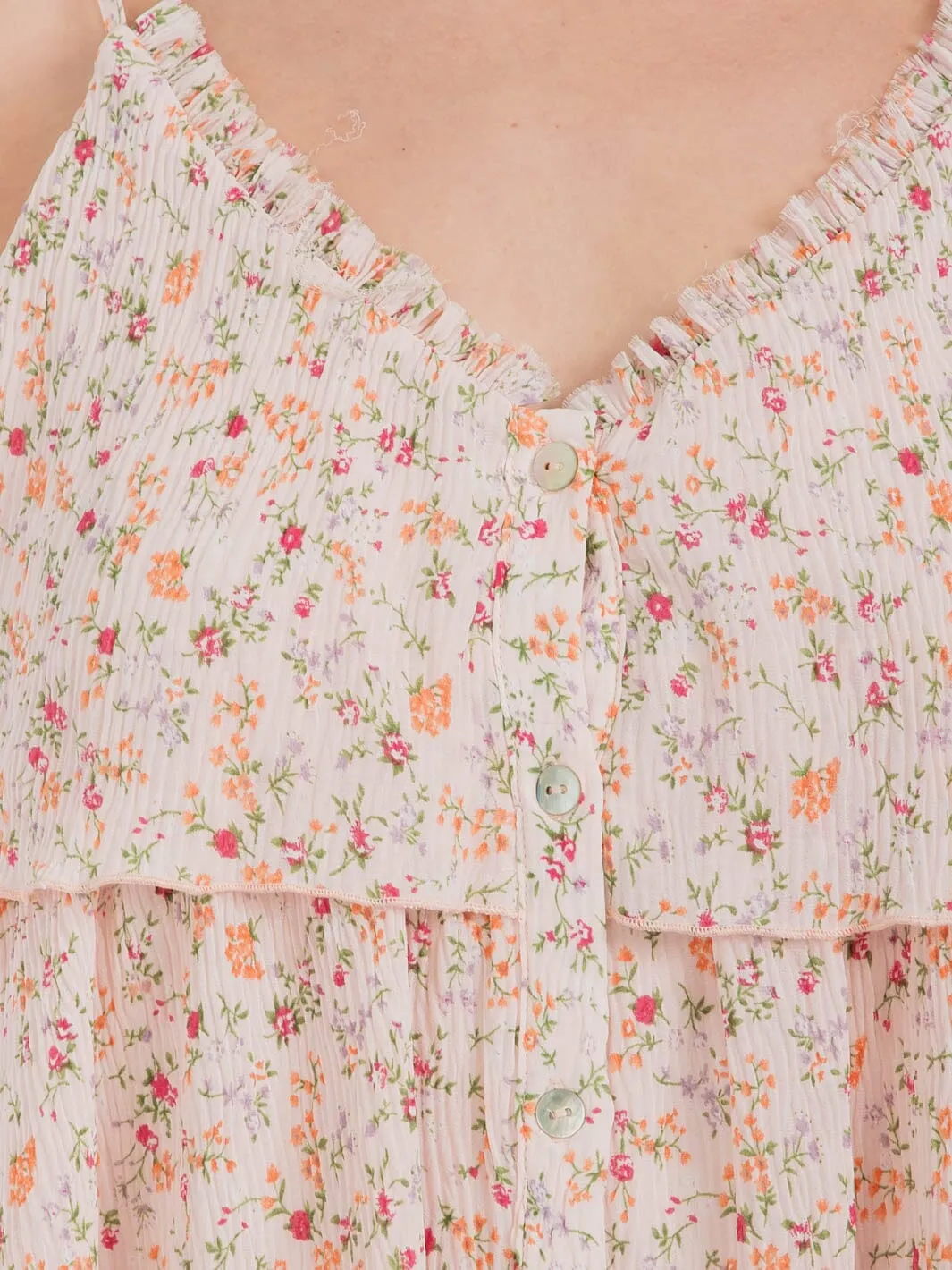 WOMEN'S SLEEVELESS BUTTON UP RUFFLE FLORAL TIERED MINI DRESS