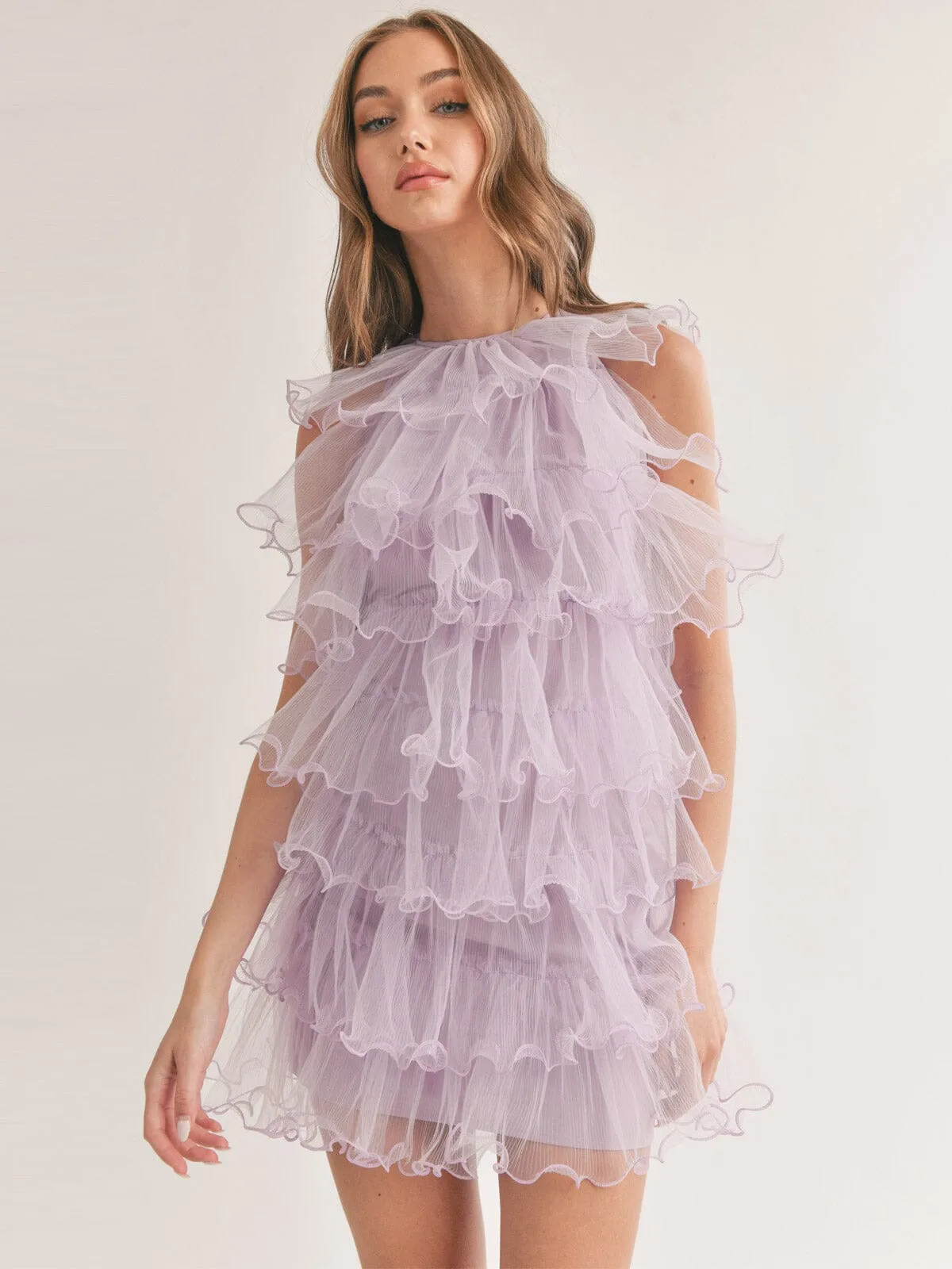 WOMEN'S SLEEVELESS HALTER NECK RUFFLE TIERED MINI DRESS