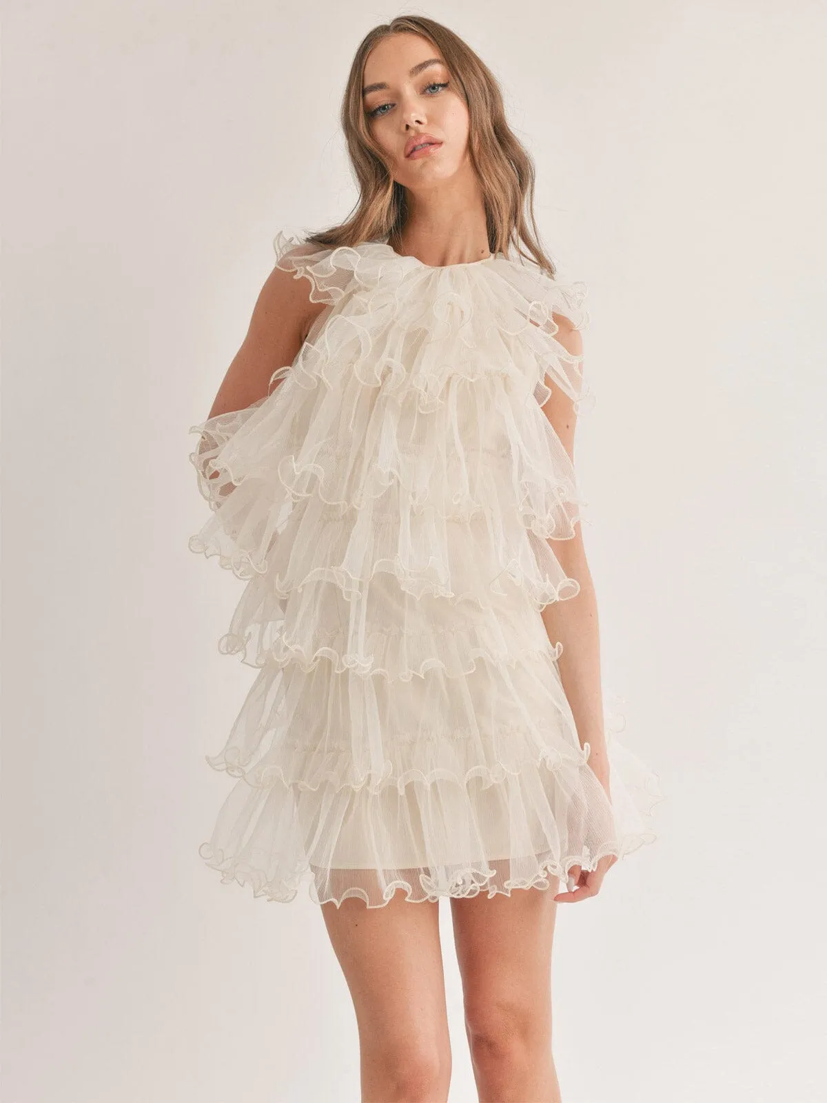 WOMEN'S SLEEVELESS HALTER NECK RUFFLE TIERED MINI DRESS