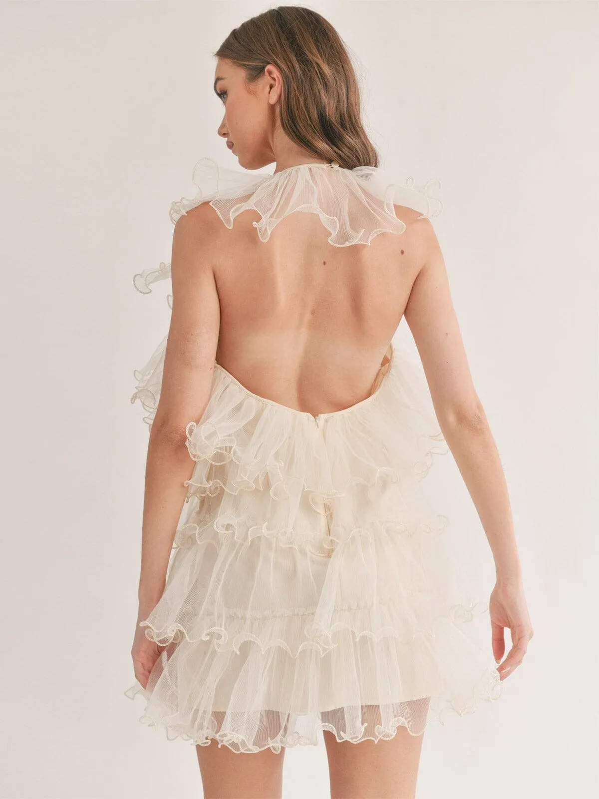 WOMEN'S SLEEVELESS HALTER NECK RUFFLE TIERED MINI DRESS