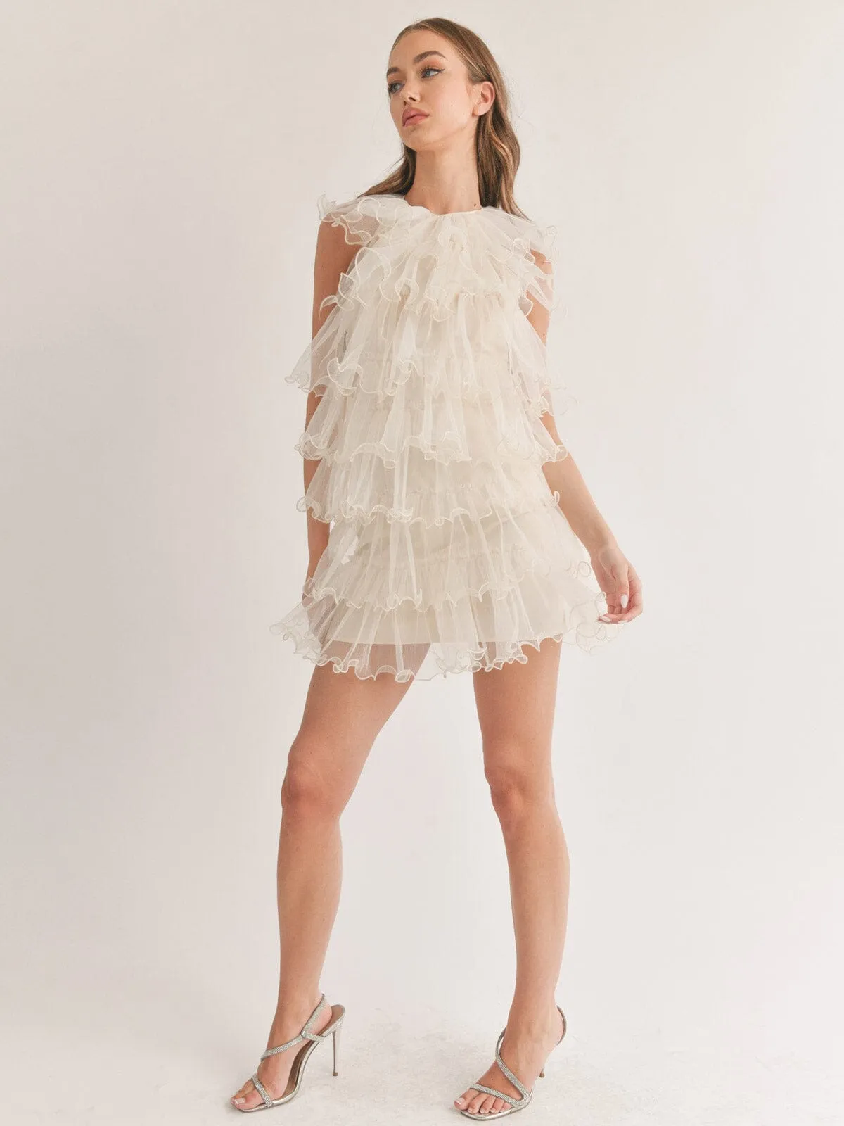 WOMEN'S SLEEVELESS HALTER NECK RUFFLE TIERED MINI DRESS