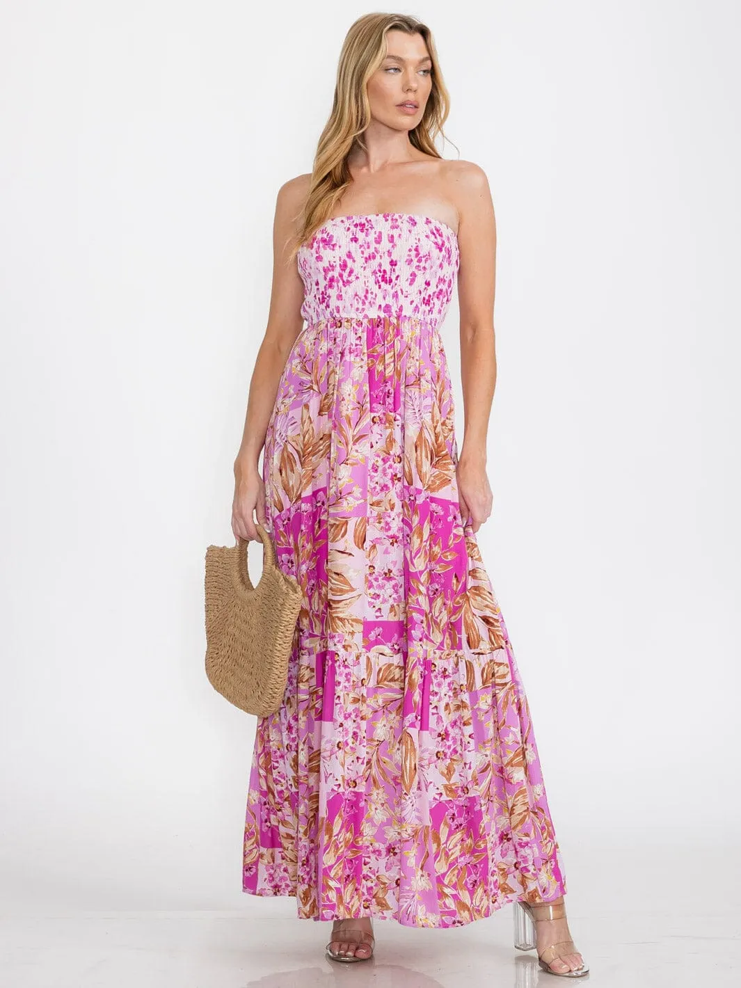WOMEN'S SLEEVELESS SMOCK TIERED FLORAL MAXI DRESS