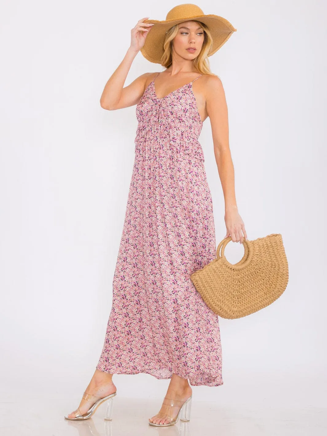 WOMEN'S SLEEVELESS V-NECK FLORAL TIERED MAXI DRESS