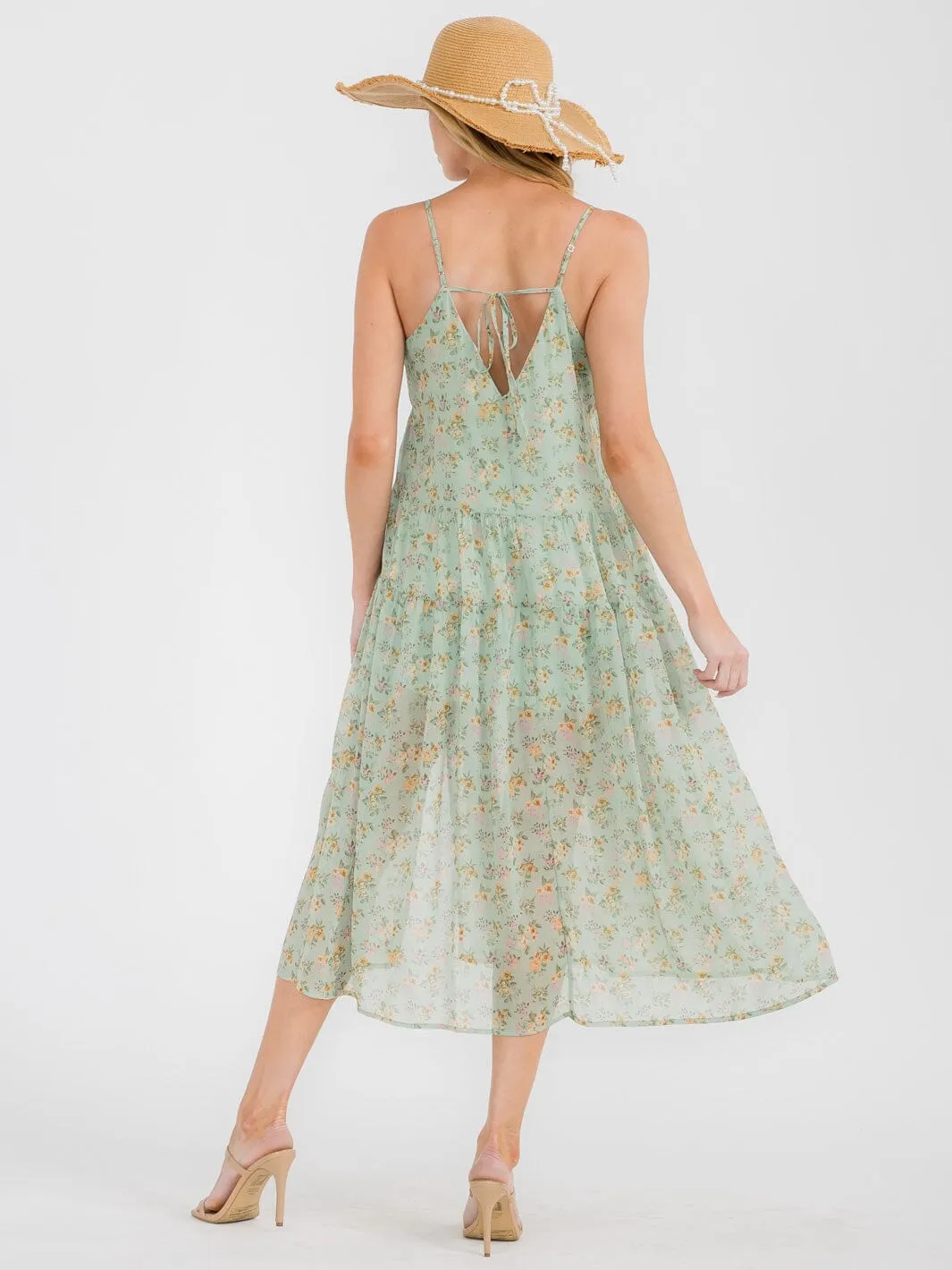 WOMEN'S SLEEVELESS V-NECK TIERED FLORAL MIDI DRESS