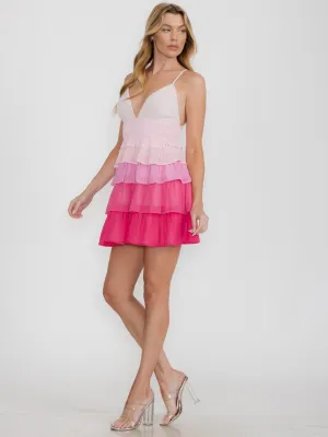 WOMEN'S SLEEVELESS V-NECK TIERED RUFFLE COLORBLOCK MINI DRESS