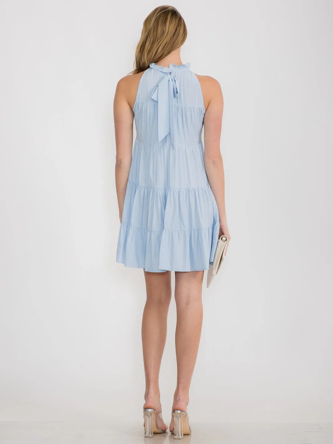 WOMEN'S SLEEVLESS MOCK NECK RUCHED TIERED MINI DRESS