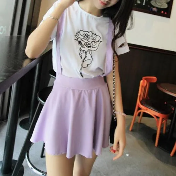 Womens Suspender Skirt Belt Waist Skater Flared Pleated Mini Dress Skirt M