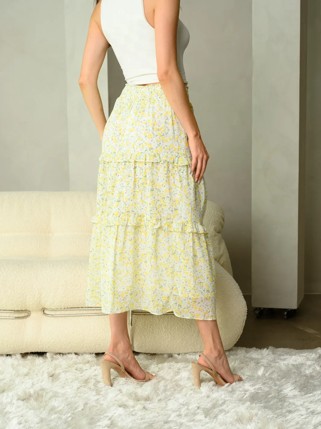 WOMEN'S TIERED FLORAL MIDI SKIRT