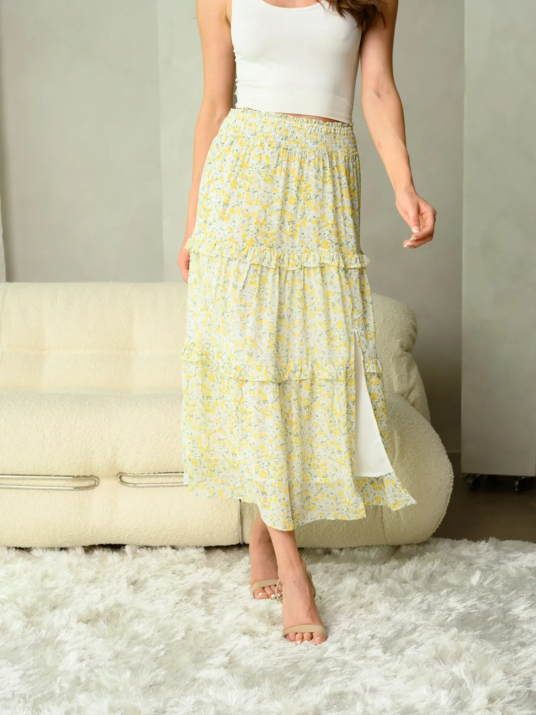 WOMEN'S TIERED FLORAL MIDI SKIRT
