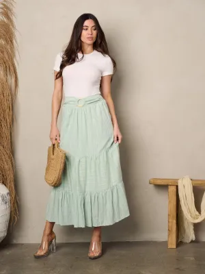 WOMEN'S TIERED POCKETS FRONT BELT MAXI SKIRT