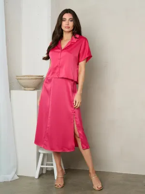 WOMEN'S ZIP UP SIDE SLIT SILK MIDI SKIRT