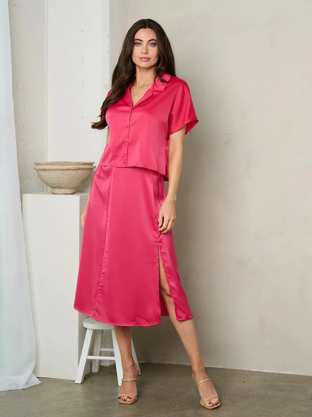 WOMEN'S ZIP UP SIDE SLIT SILK MIDI SKIRT
